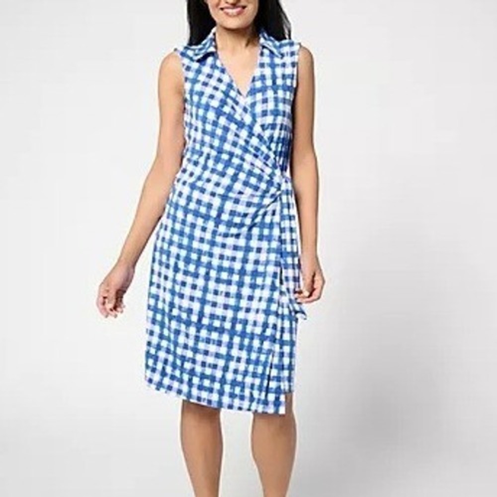 Susan Graver Courtside Dress‎ Womens XS Petite Blue Gingham Liquid Knit Skort